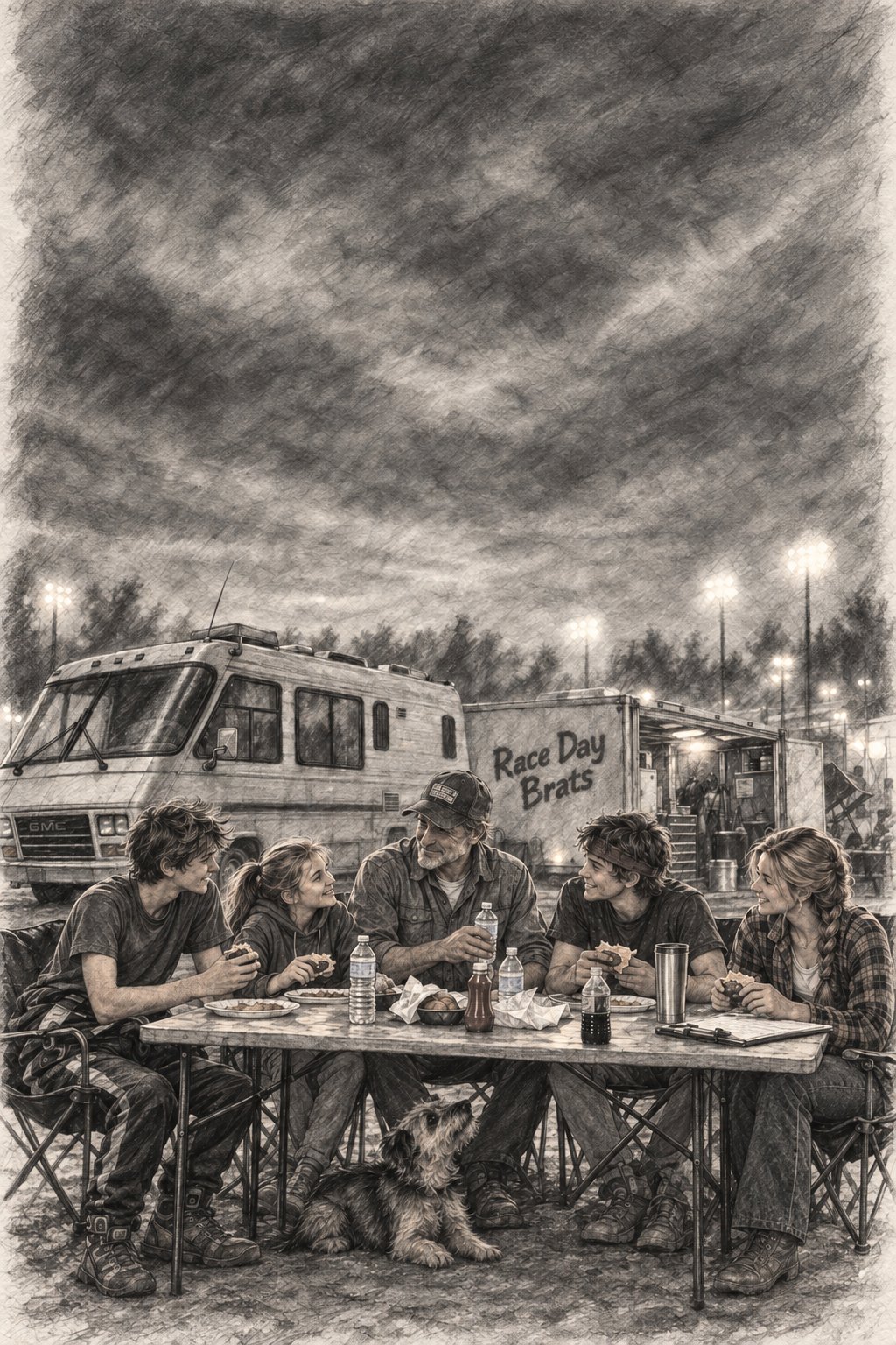 Charcoal drawing of the Race Day Brats crew eating at a folding table in front of their motorhome and trailer, with their dog underneath